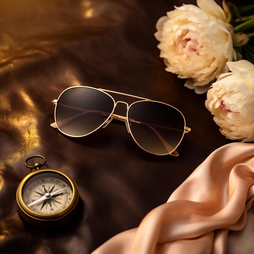 Designer gold aviator sunglasses, a brass compass, silk scarf and cream peonies in warm golden light